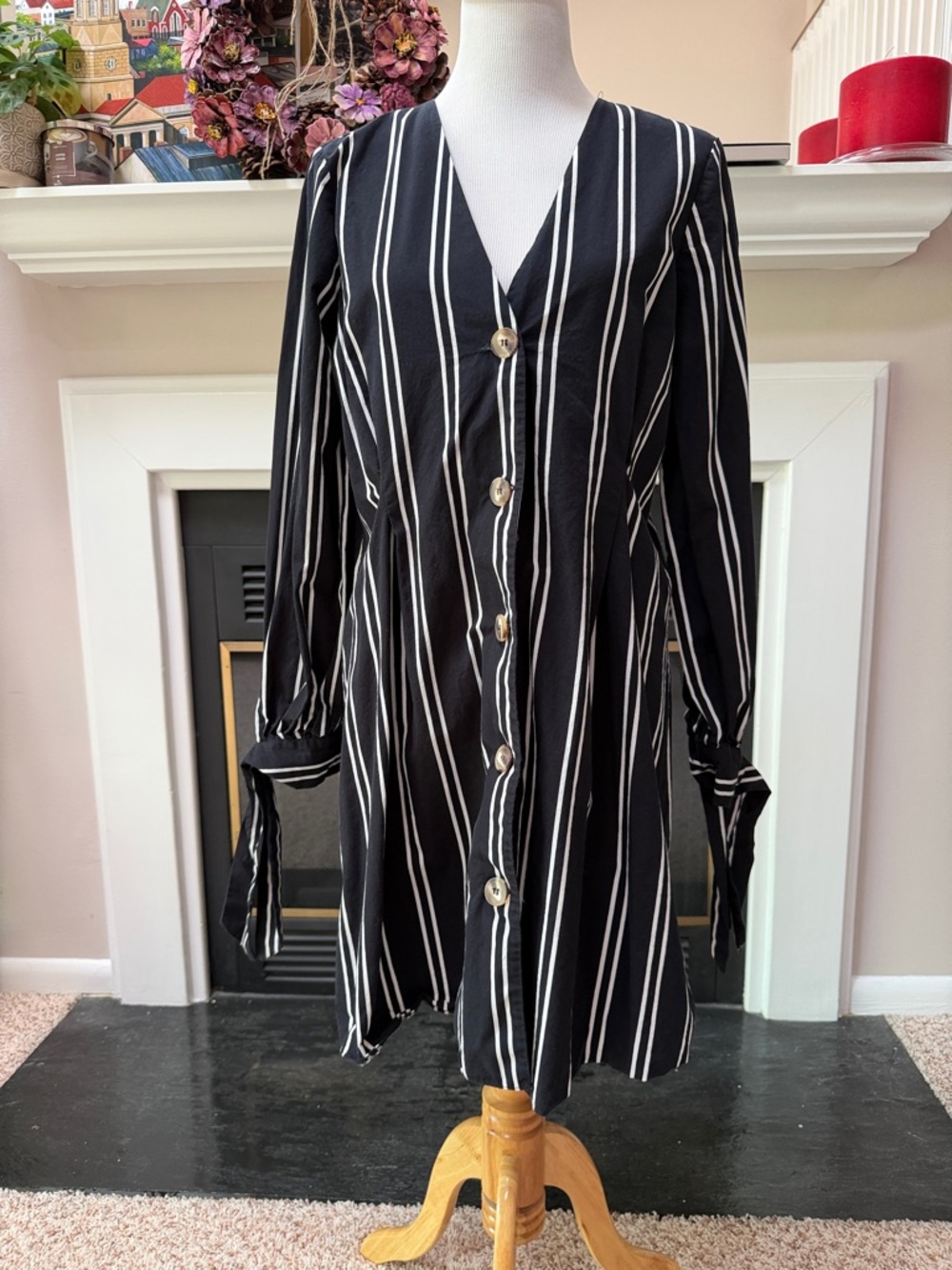 ASOS Black and White Vertical Stripe Button-Front Long Sleeve Dress